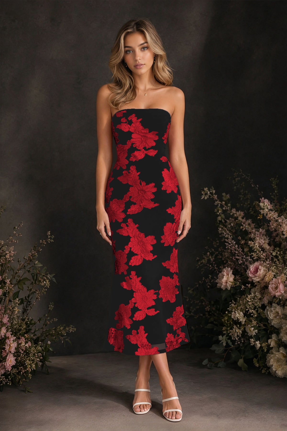 BOLODOO Black Red Tonal Floral Embroidered Mesh Strapless Open Back Bodycon Midi Tea Length Dress - Black Red