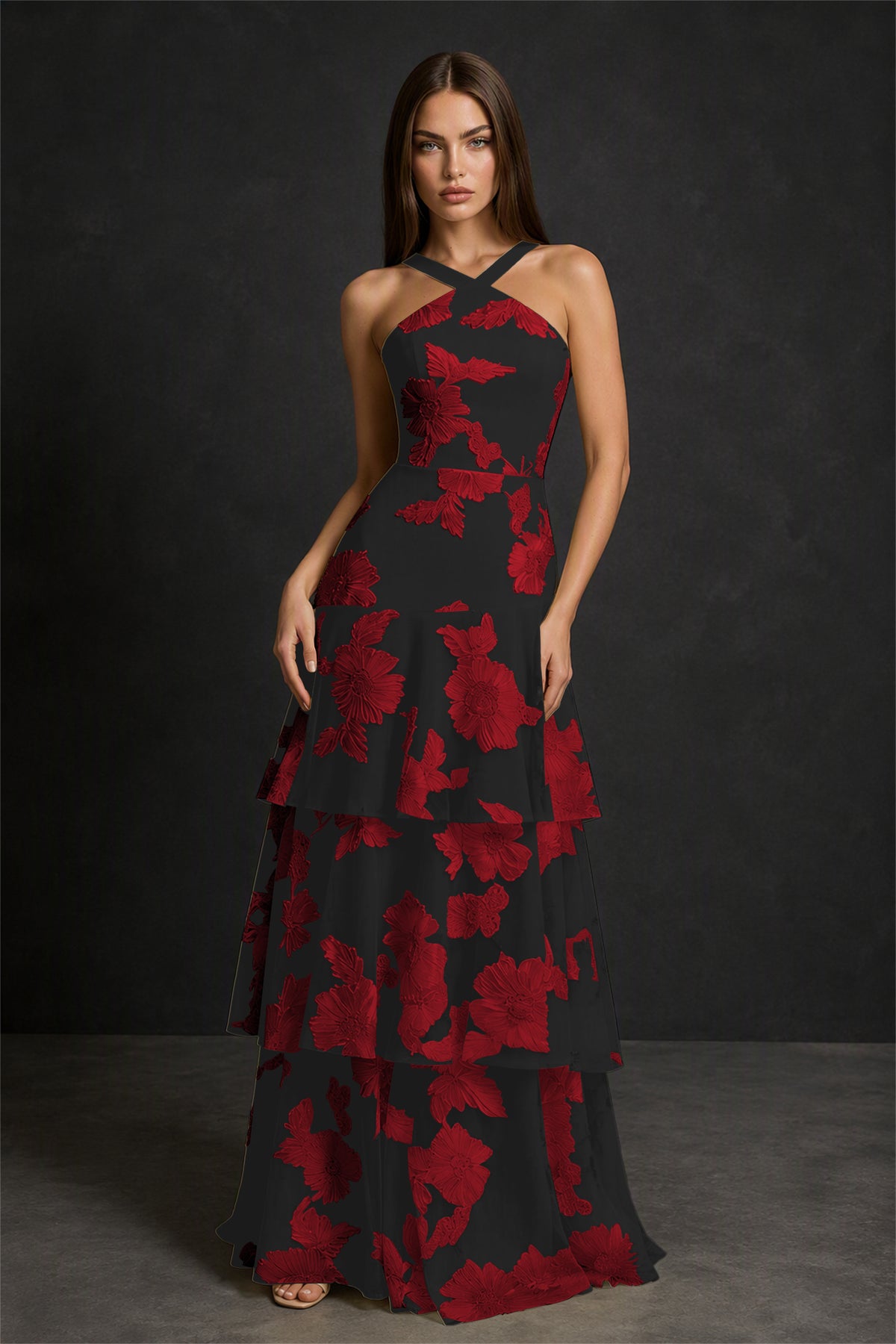 BOLODOO Black Red Crisscross Halter Neck Black Red Floral Embroidered Triple Tiered A-Line Tulle Maxi Dress - Black Red