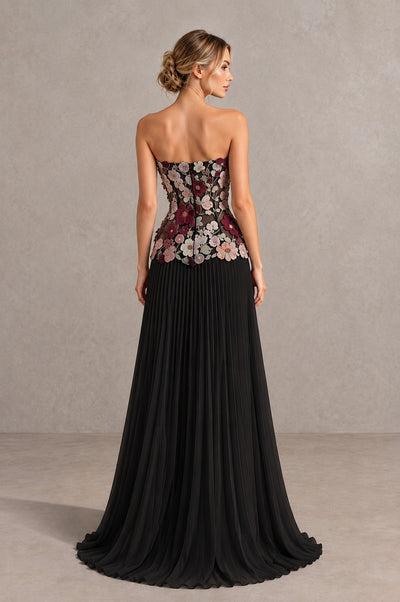 BOLODOO Black Red Strapless Floral Applique Pleated Evening Dress - Black Red - Black Red (2)