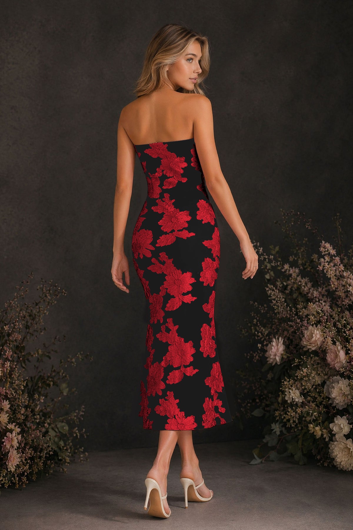 BOLODOO Black Red Tonal Floral Embroidered Mesh Strapless Open Back Bodycon Midi Tea Length Dress - Black Red