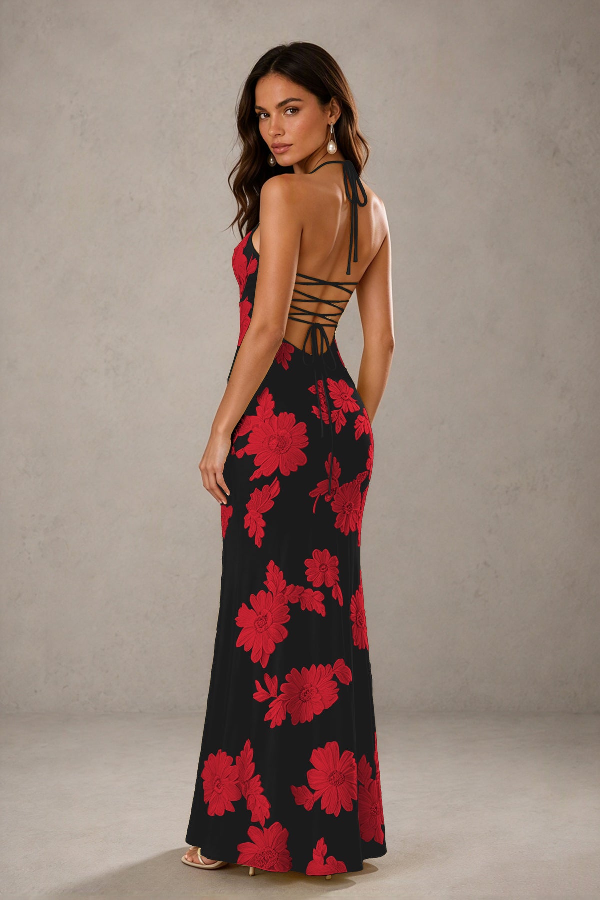 BOLODOO Black Red Halter Sweetheart Floral Embroidered Lace-Up Open Back Maxi Dress | BD0257 - Black Red