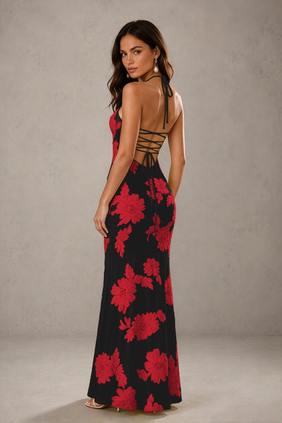 BOLODOO Black Red Halter Sweetheart Floral Embroidered Lace-Up Open Back Maxi Dress | BD0257 - Black Red