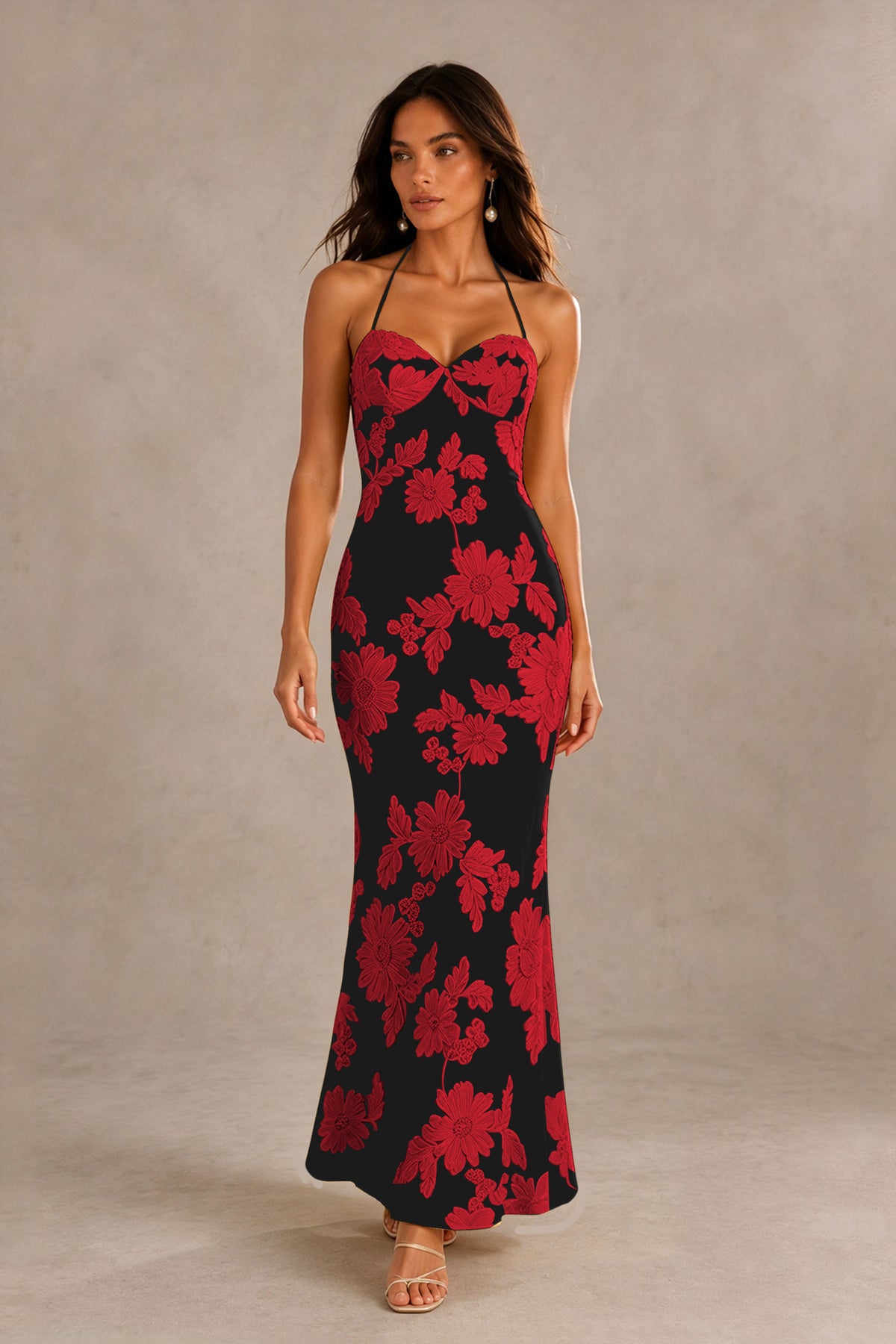 BOLODOO Black Red Halter Sweetheart Floral Embroidered Lace-Up Open Back Maxi Dress | BD0257 - Black Red