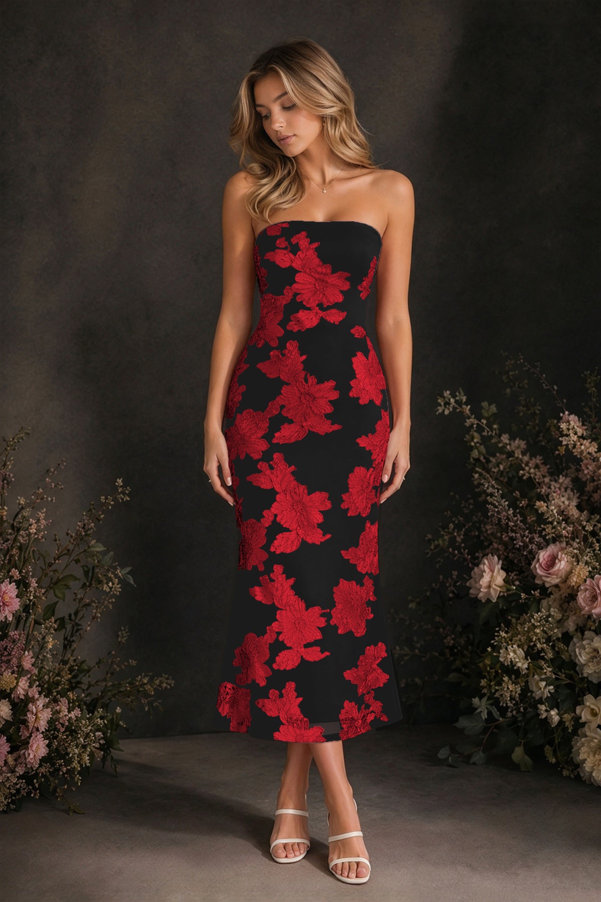 BOLODOO Black Red Tonal Floral Embroidered Mesh Strapless Open Back Bodycon Midi Tea Length Dress - Black Red