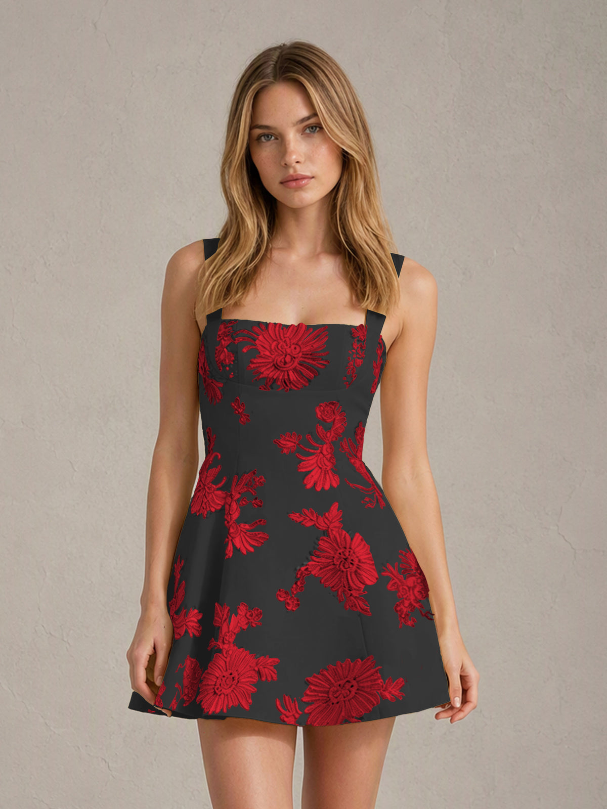 BOLODOO Black Red Floral Jacquard Wide Strap A-Line Mini Dress with Square Neck & Bow-Tie Open Back - Black Red