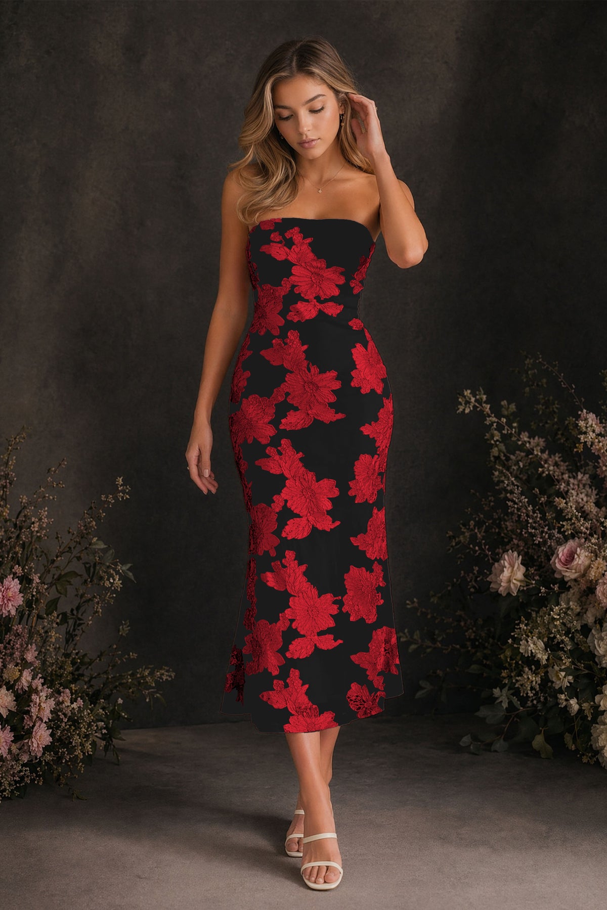 BOLODOO Black Red Tonal Floral Embroidered Mesh Strapless Open Back Bodycon Midi Tea Length Dress - Black Red