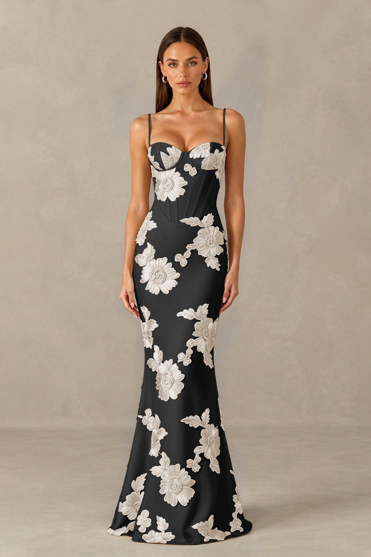 BOLODOO Black White Floral Lace-Up Back Mermaid Maxi Dress - Black White