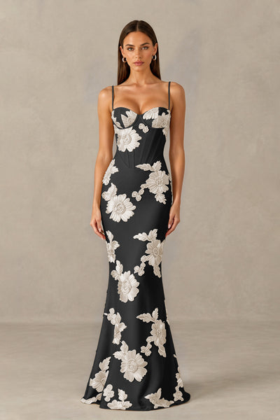 BOLODOO Black White Floral Lace-Up Back Mermaid Maxi Dress - Black White