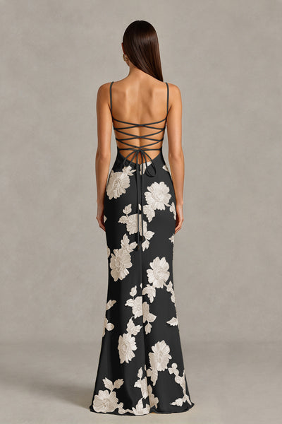 BOLODOO Black White Floral Lace-Up Back Mermaid Maxi Dress - Black White