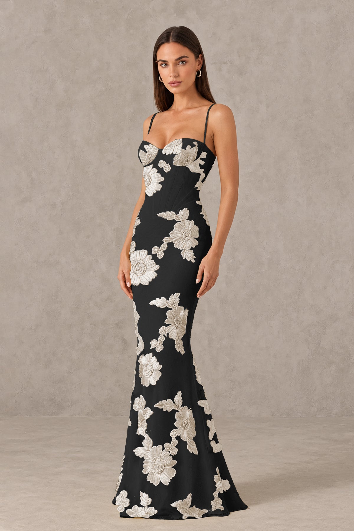 BOLODOO Black White Floral Lace-Up Back Mermaid Maxi Dress - Black White