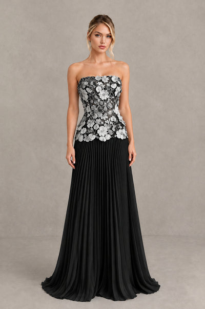 BOLODOO Black White Strapless Floral Applique Pleated Evening Dress - Black White - Black White (1)