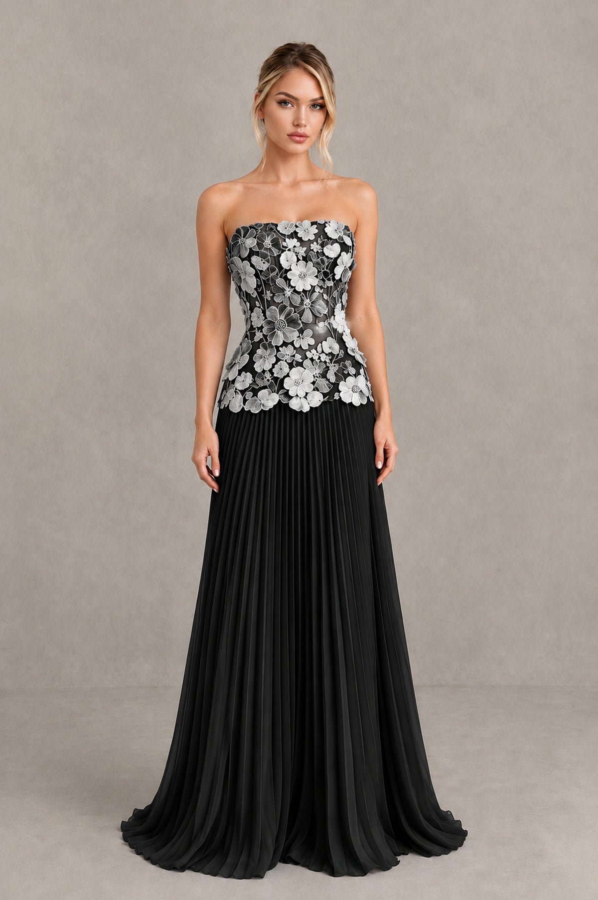 BOLODOO Black White Strapless Floral Applique Pleated Evening Dress - Black White - Black White (1)