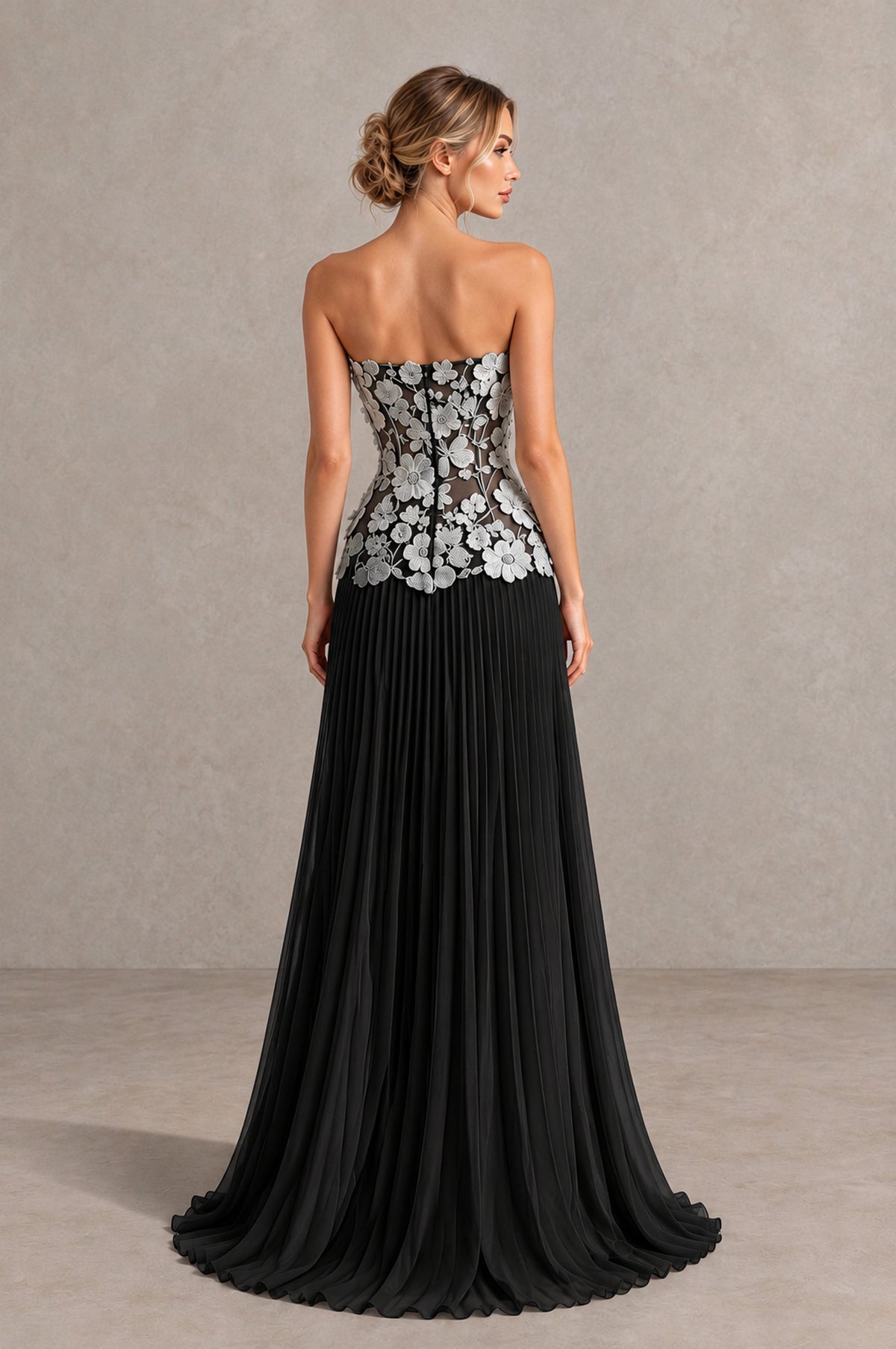 BOLODOO Black White Strapless Floral Applique Pleated Evening Dress - Black White - Black White (2)