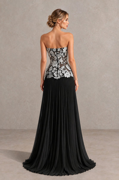 BOLODOO Black White Strapless Floral Applique Pleated Evening Dress - Black White - Black White (2)