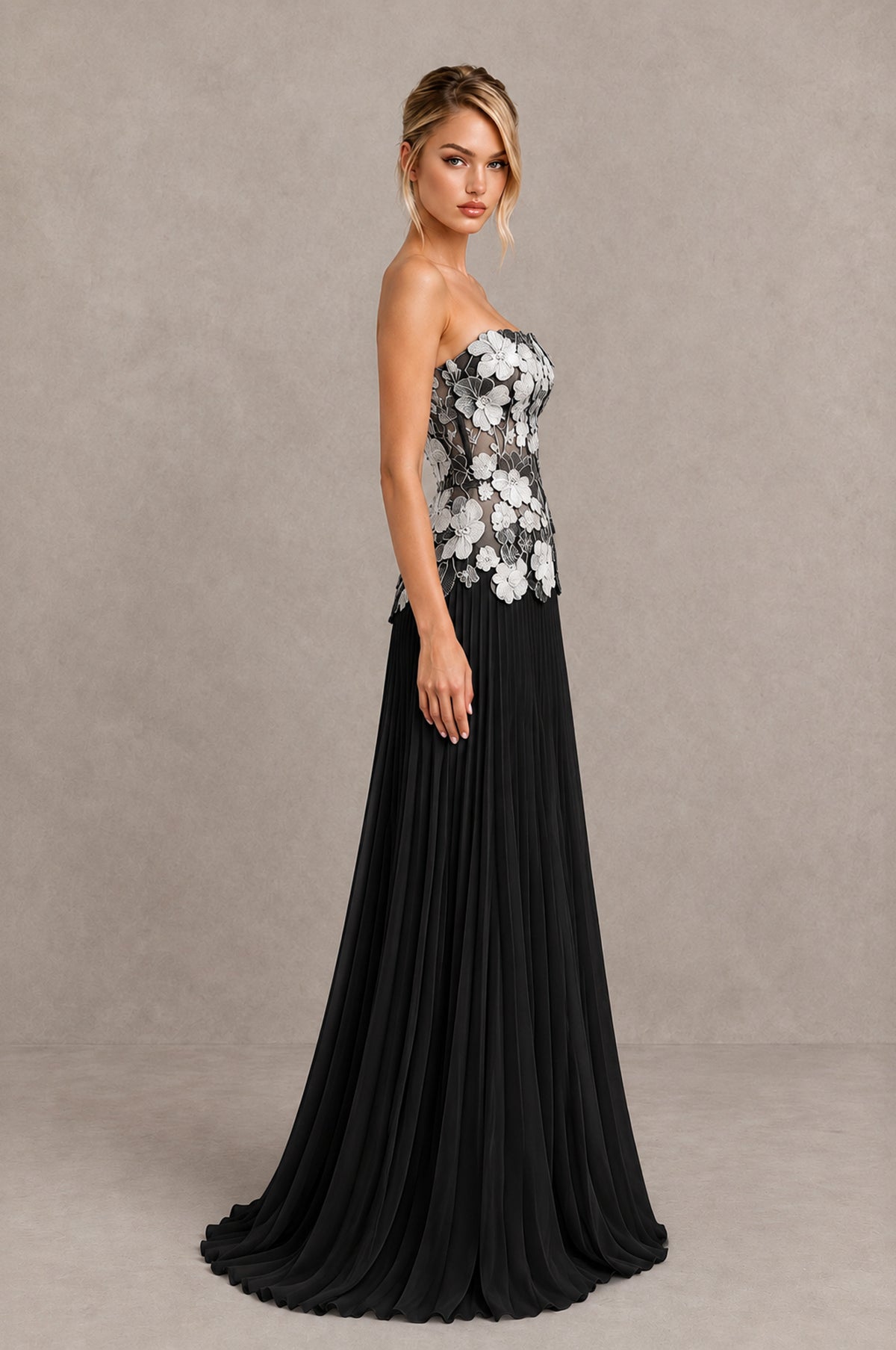 BOLODOO Black White Strapless Floral Applique Pleated Evening Dress - Black White - Black White (3)