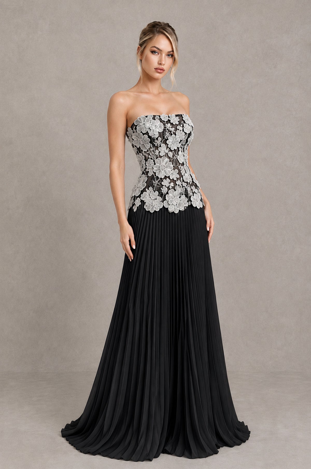 BOLODOO Black White Strapless Floral Applique Pleated Evening Dress - Black White - Black White (4)