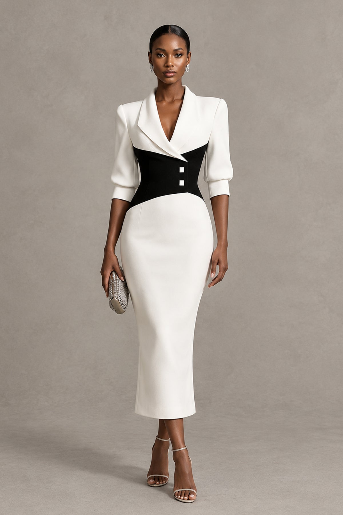 BOLODOO QQ058 black and white women's midi suit dress, front view with lapels and three-quarter sleeves