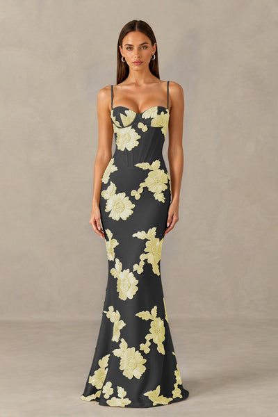 BOLODOO Black Yellow Floral Lace-Up Back Mermaid Maxi Dress - Black Yellow