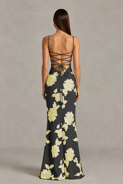 BOLODOO Black Yellow Floral Lace-Up Back Mermaid Maxi Dress - Black Yellow
