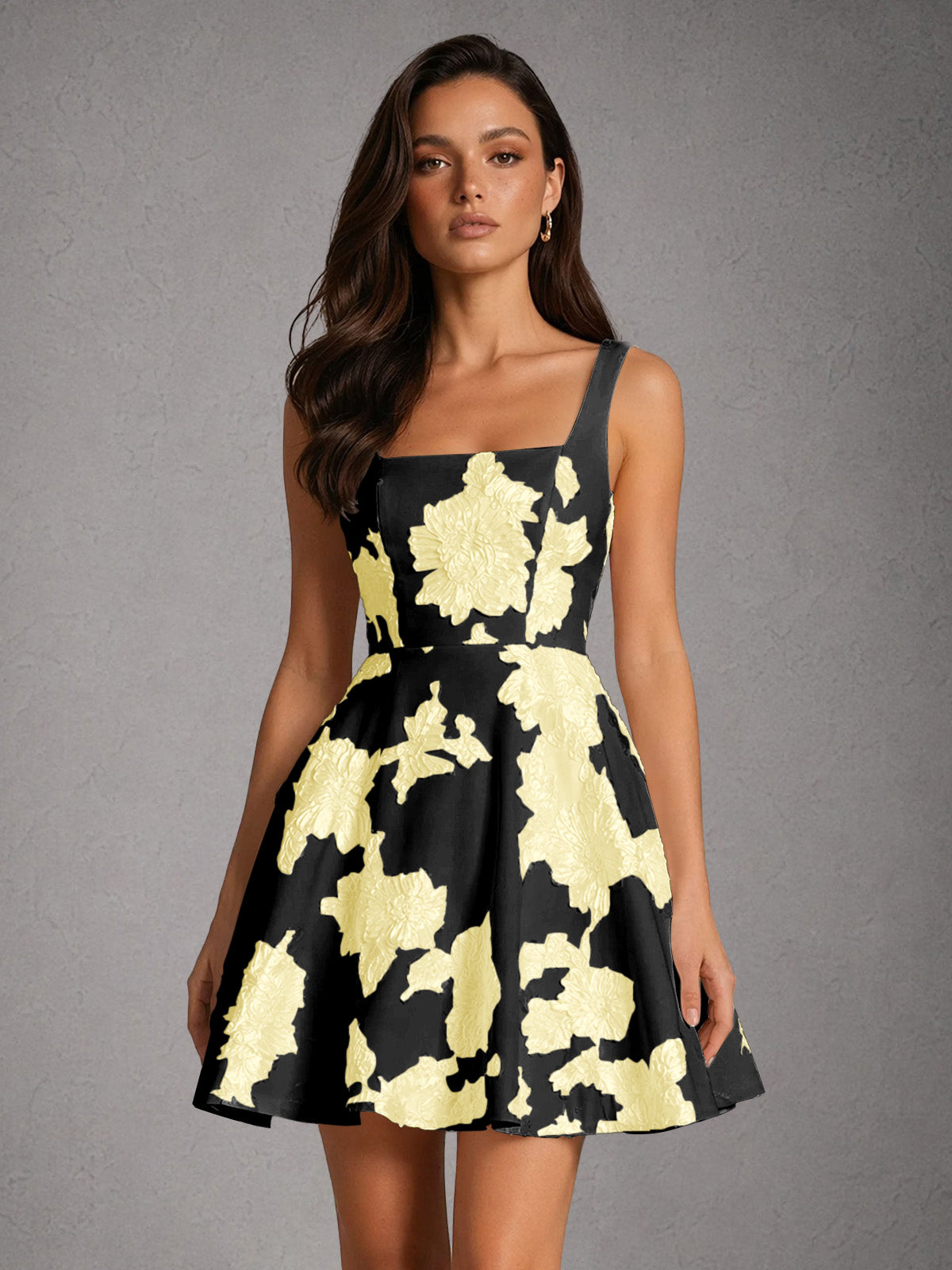 BOLODOO Pearl Black Yellow Iridescent Floral Embroidered Square Neck Wide Strap A-Line Mini Dress with Lace-Up Back - Black Yellow