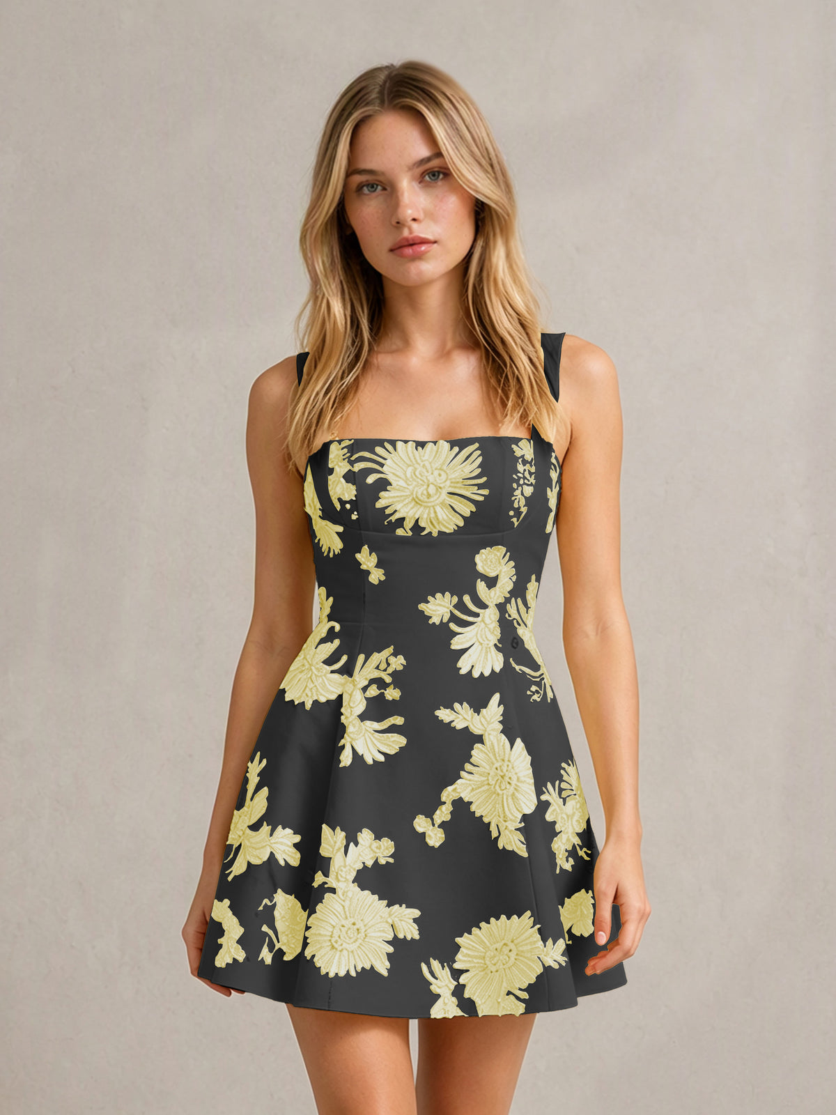 BOLODOO Black Yellow Floral Jacquard Wide Strap A-Line Mini Dress with Square Neck & Bow-Tie Open Back - Black Yellow