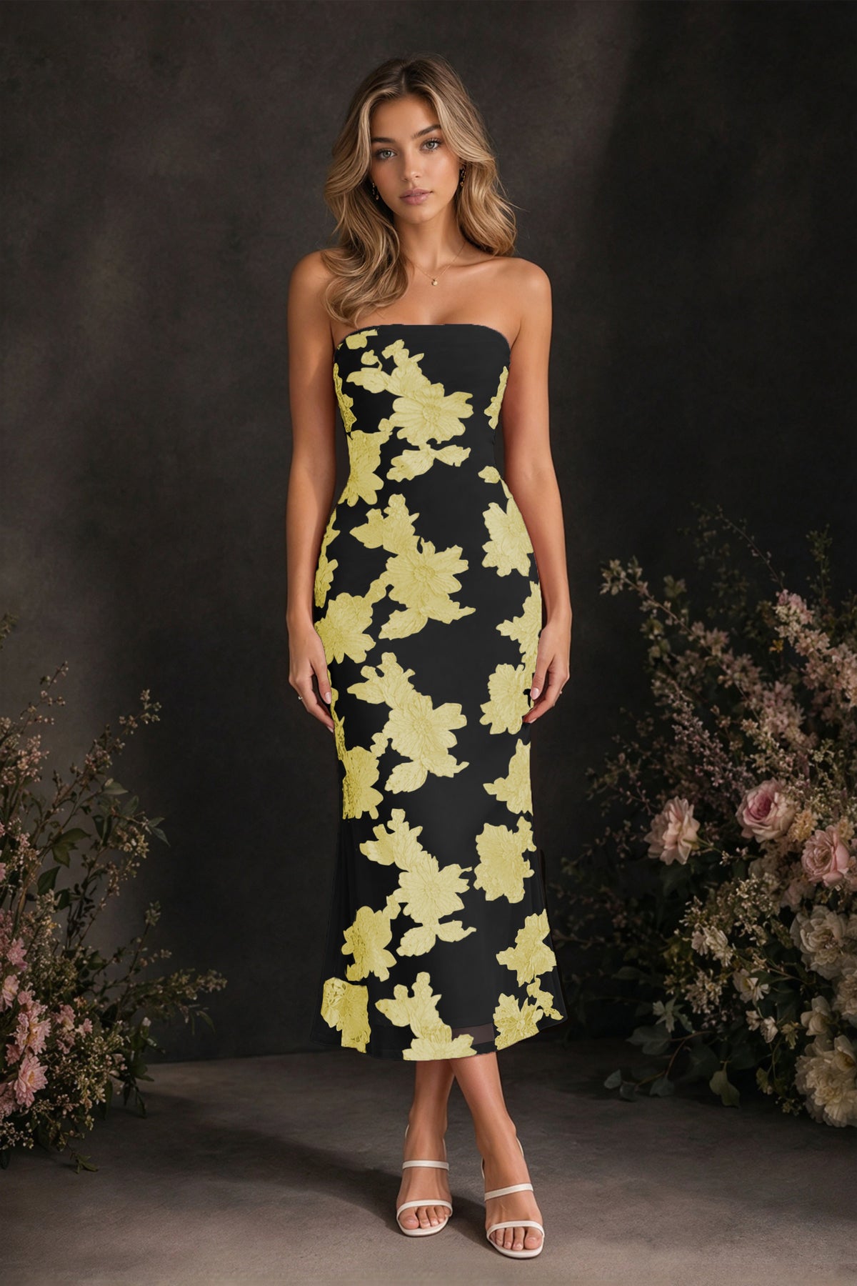 BOLODOO Black Yellow Tonal Floral Embroidered Mesh Strapless Open Back Bodycon Midi Tea Length Dress - Black Yellow