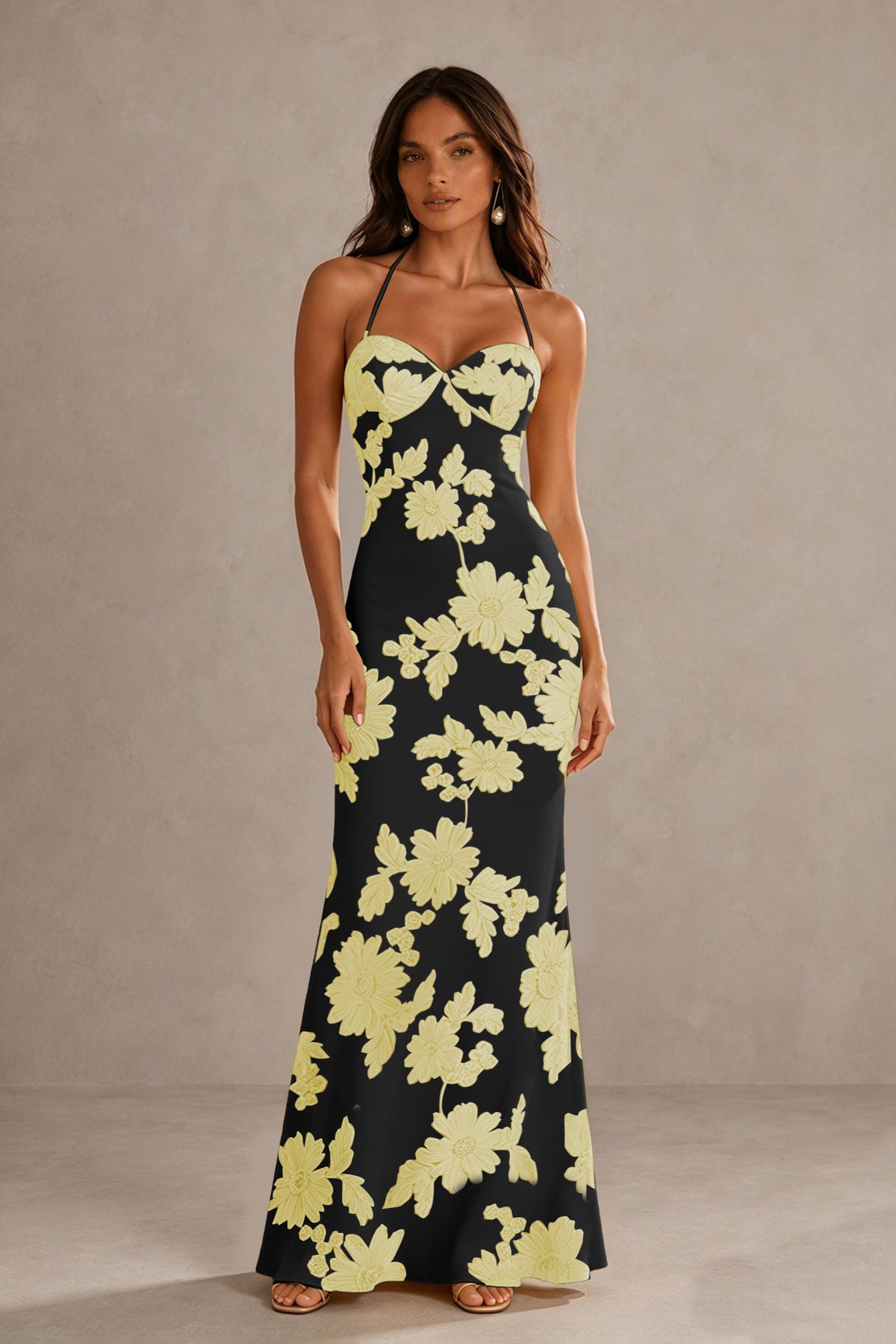 BOLODOO Black Yellow Halter Sweetheart Floral Embroidered Lace-Up Open Back Maxi Dress | BD0257 - Black Yellow
