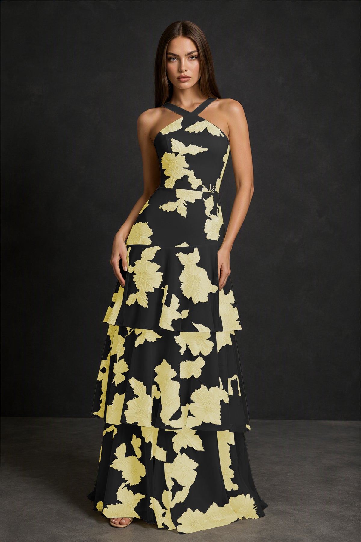 BOLODOO Black Yellow Crisscross Halter Neck Black Yellow Floral Embroidered Triple Tiered A-Line Tulle Maxi Dress - Black Yellow