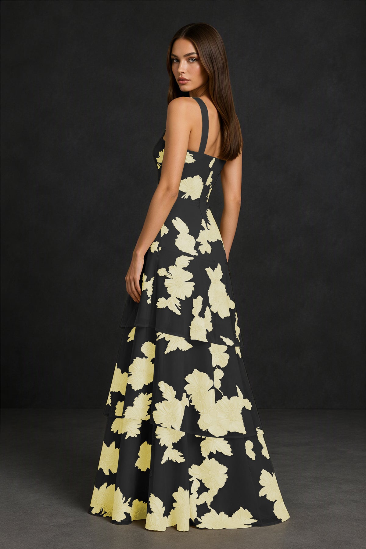 BOLODOO Black Yellow Crisscross Halter Neck Black Yellow Floral Embroidered Triple Tiered A-Line Tulle Maxi Dress - Black Yellow