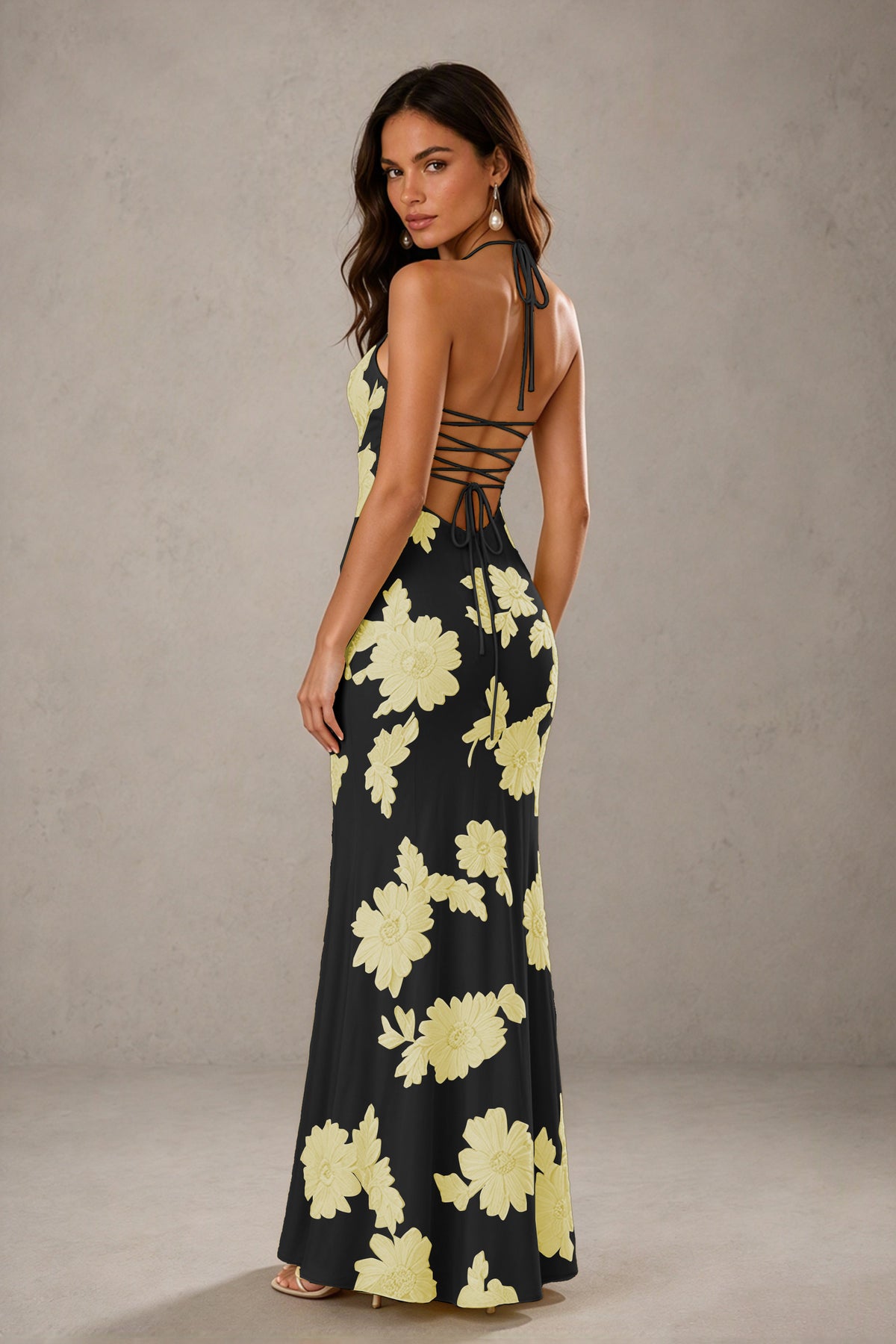 BOLODOO Black Yellow Halter Sweetheart Floral Embroidered Lace-Up Open Back Maxi Dress | BD0257 - Black Yellow