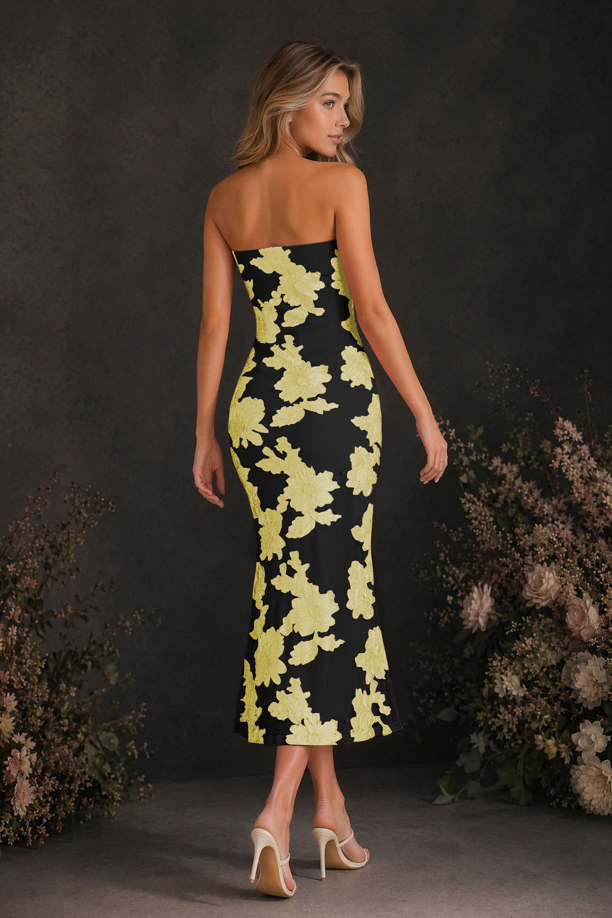 BOLODOO Black Yellow Tonal Floral Embroidered Mesh Strapless Open Back Bodycon Midi Tea Length Dress - Black Yellow