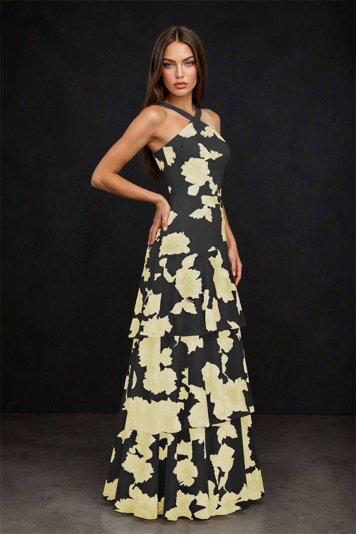 BOLODOO Black Yellow Crisscross Halter Neck Black Yellow Floral Embroidered Triple Tiered A-Line Tulle Maxi Dress - Black Yellow