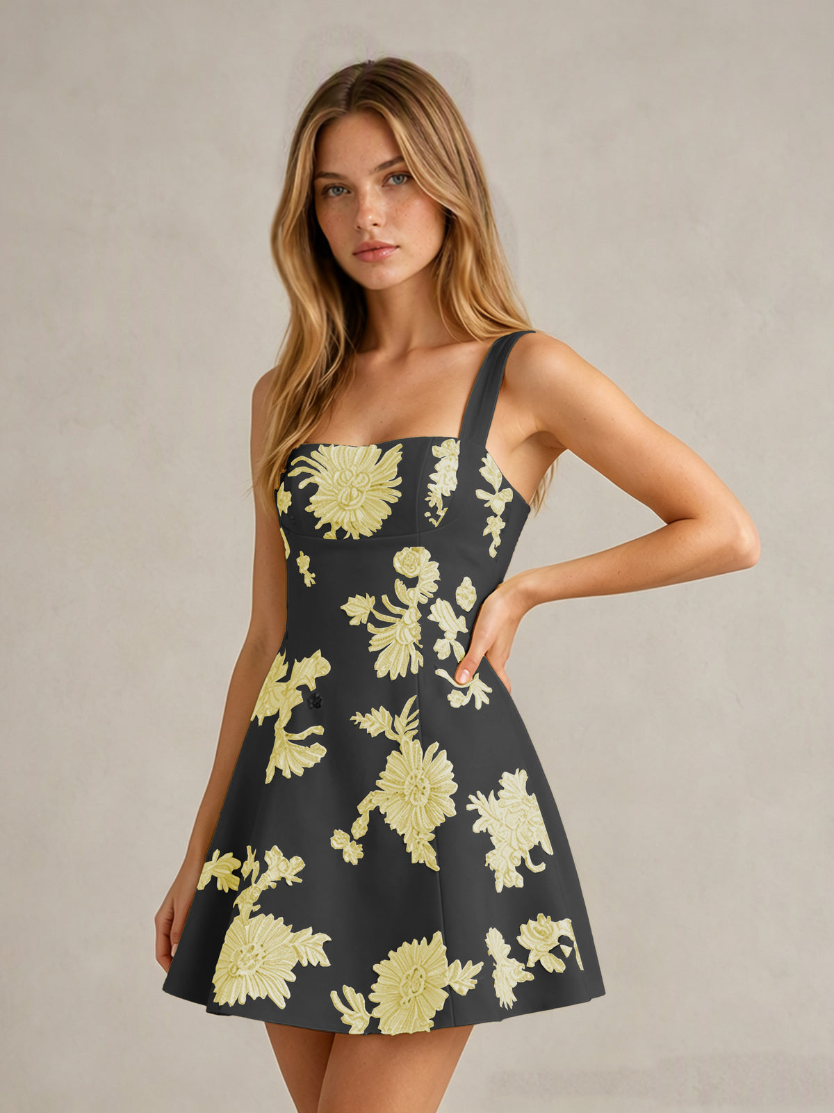 BOLODOO Black Yellow Floral Jacquard Wide Strap A-Line Mini Dress with Square Neck & Bow-Tie Open Back - Black Yellow