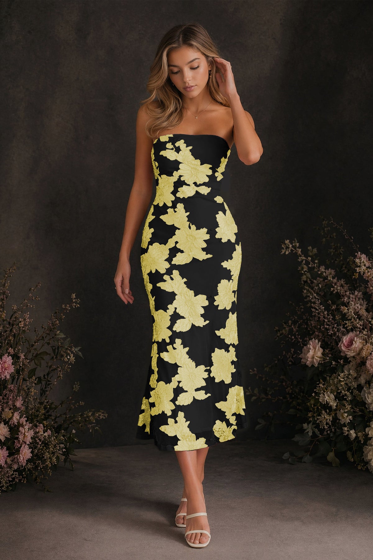 BOLODOO Black Yellow Tonal Floral Embroidered Mesh Strapless Open Back Bodycon Midi Tea Length Dress - Black Yellow