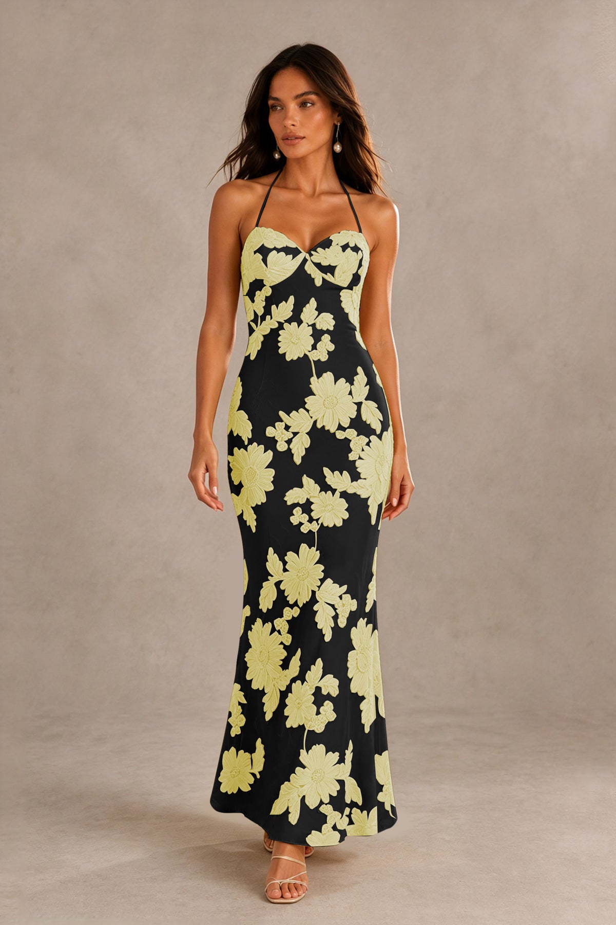 BOLODOO Black Yellow Halter Sweetheart Floral Embroidered Lace-Up Open Back Maxi Dress | BD0257 - Black Yellow