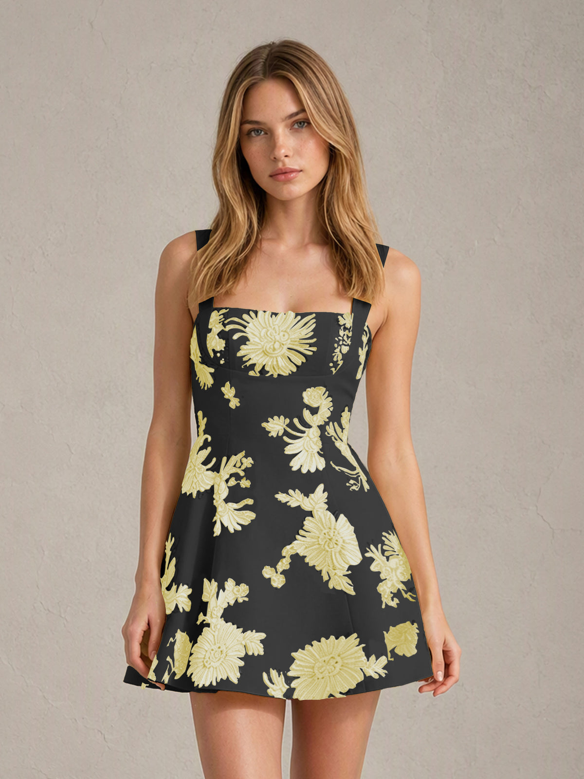 BOLODOO Black Yellow Floral Jacquard Wide Strap A-Line Mini Dress with Square Neck & Bow-Tie Open Back - Black Yellow
