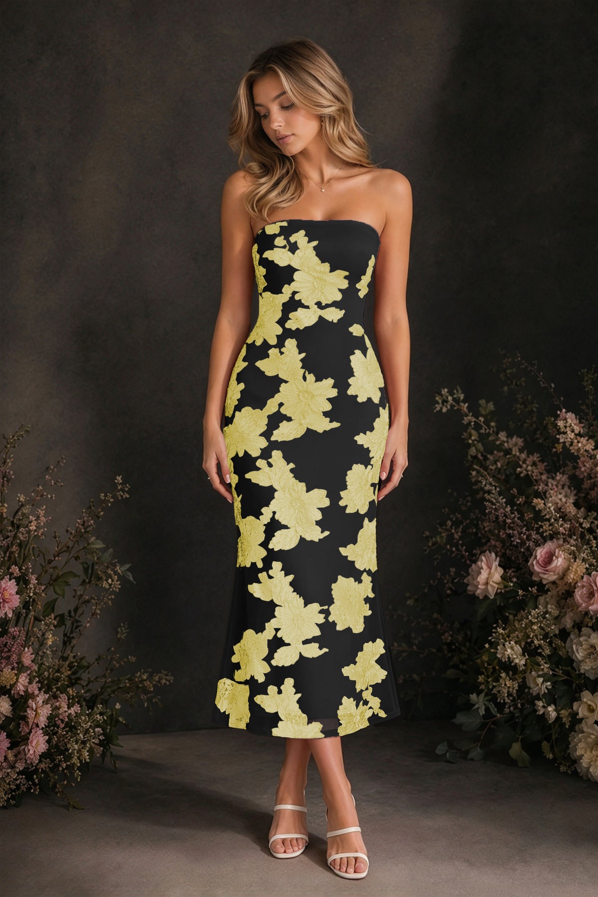 BOLODOO Black Yellow Tonal Floral Embroidered Mesh Strapless Open Back Bodycon Midi Tea Length Dress - Black Yellow