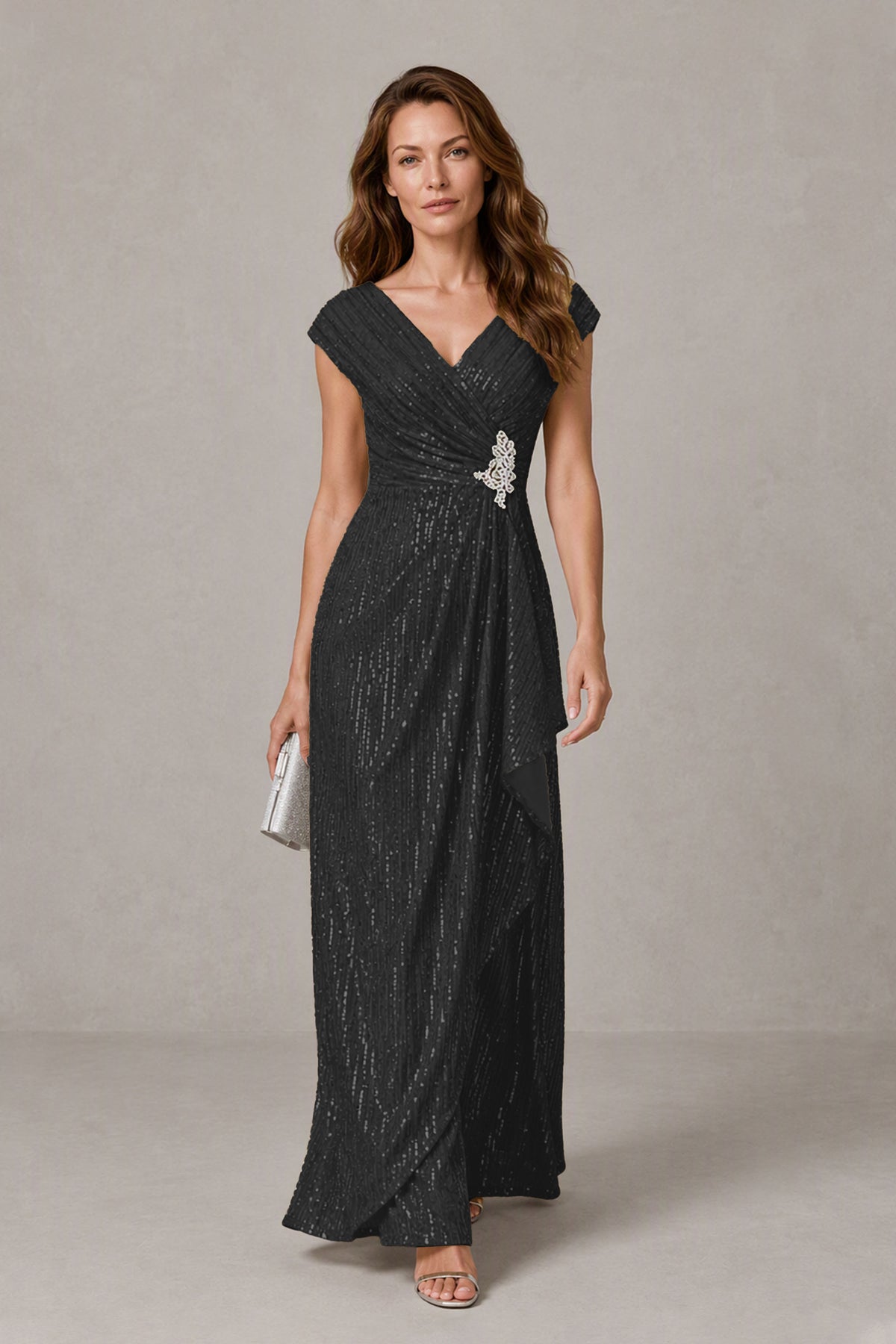 BOLODOO Blak Sequin V-Neck Cap Sleeve Maxi Dress - Blak