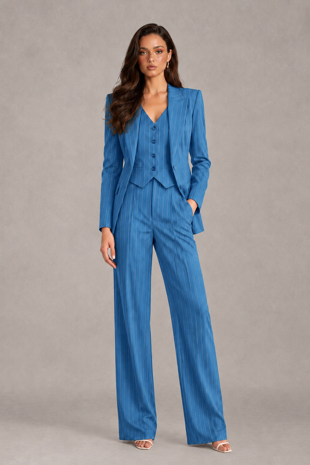 BOLODOO Women's Blue Pinstripe Three-Piece Pantsuit with Wide-Leg Trousers - Blue - Blue_01