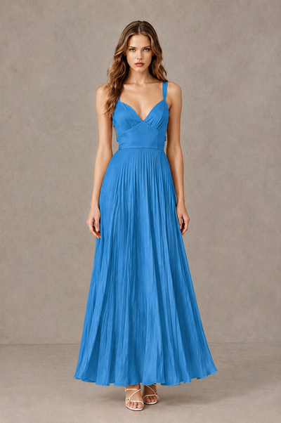 BOLODOO Blue V-Neck Pleated Open-Back Maxi Dress - Blue - Blue_01