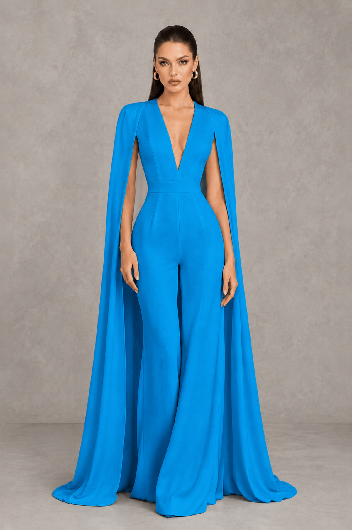 BOLODOO Blue Deep V-Neck Cape Sleeve Bridal Jumpsuit - Blue - Blue_01
