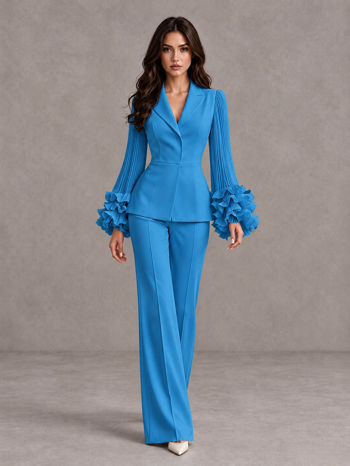 BOLODOO Blue Mother of the Bride Pant Suit – Pleated Long Sleeve Ruffle Cuff Wide Leg Trouser Suit - Blue - Blue_01