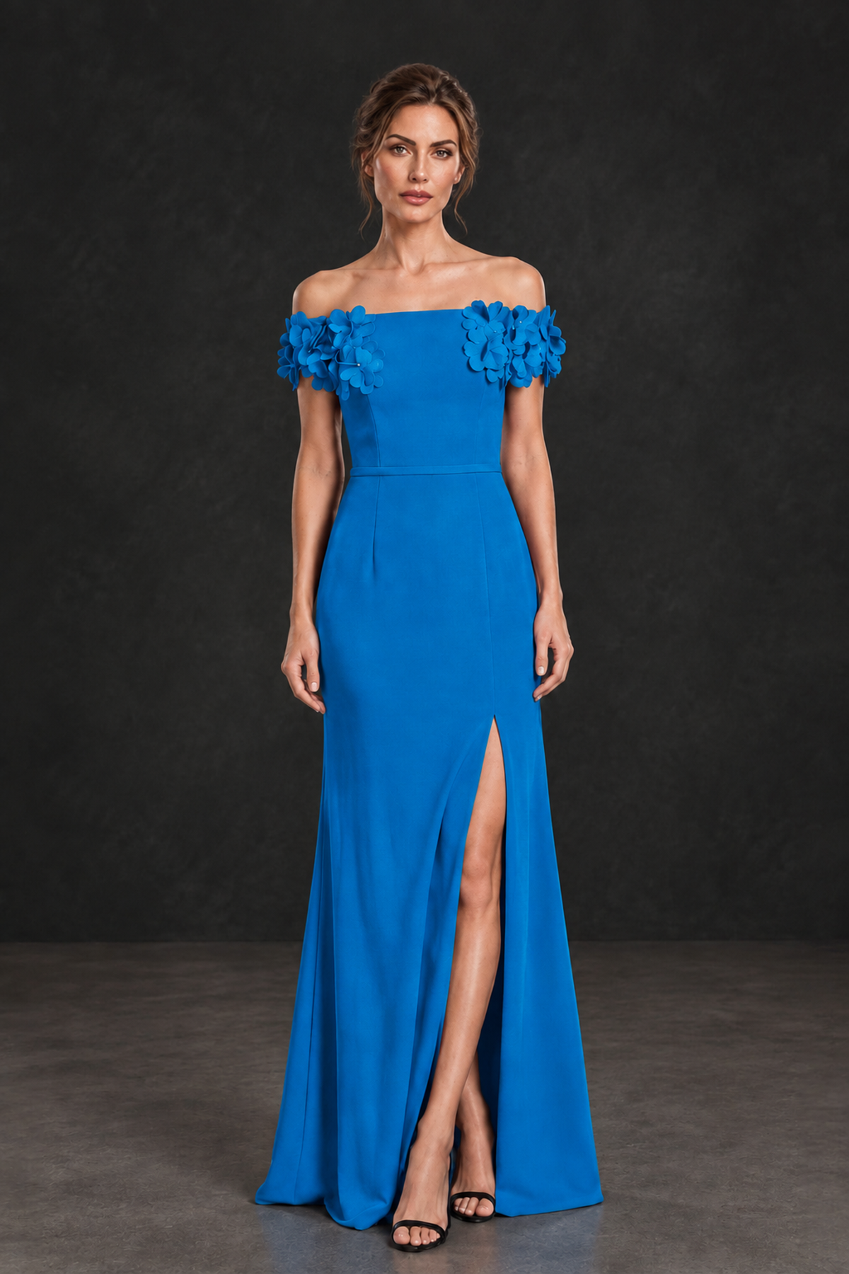 BOLODOO Blue Off-the-Shoulder Mother of the Bride Dress with Floral Appliques - Blue - Blue_01
