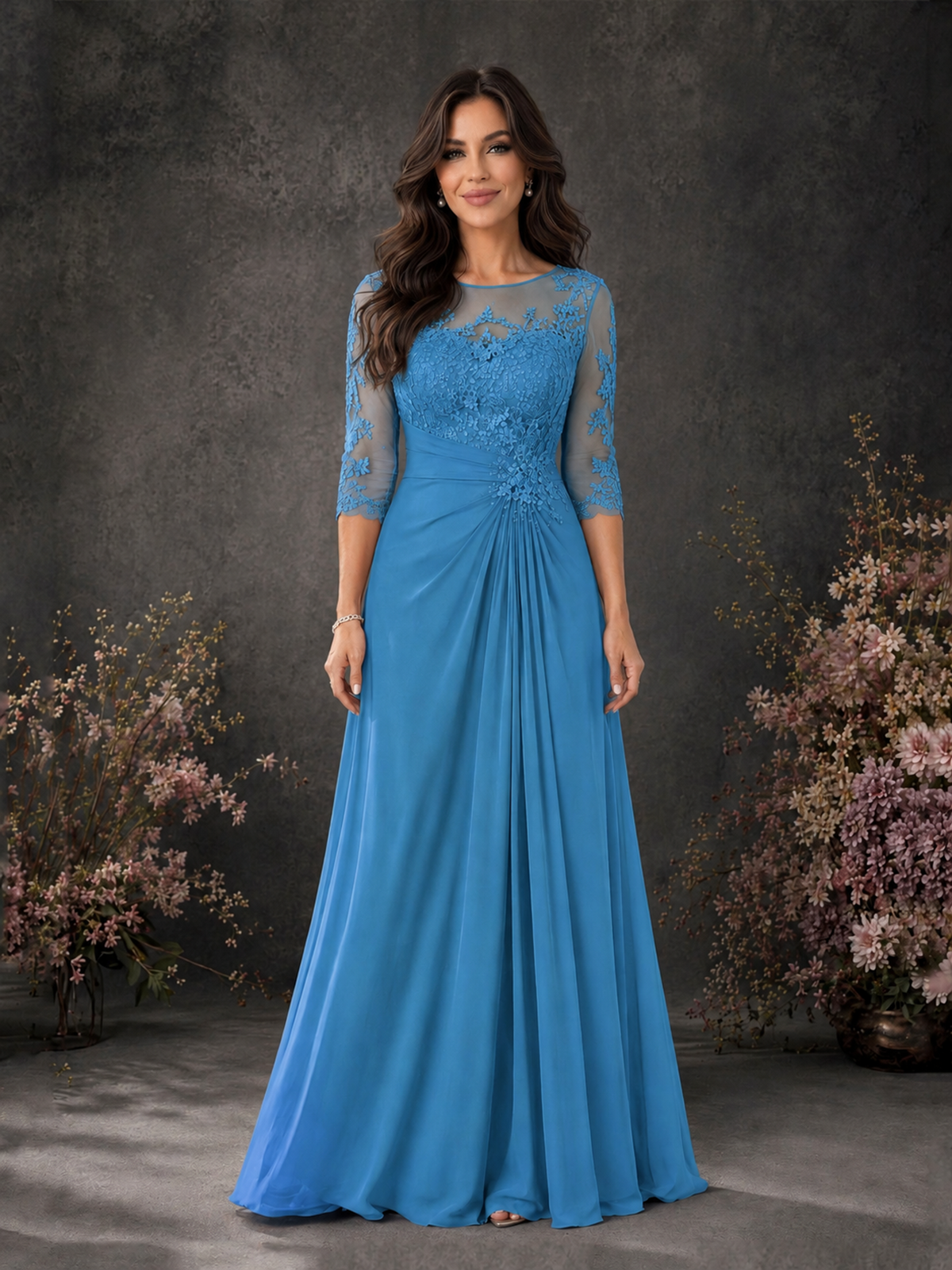 BOLODOO Blue Chiffon Lace Illusion Neckline 3/4 Sleeve Floor Length Formal Gown - Blue - Blue_01