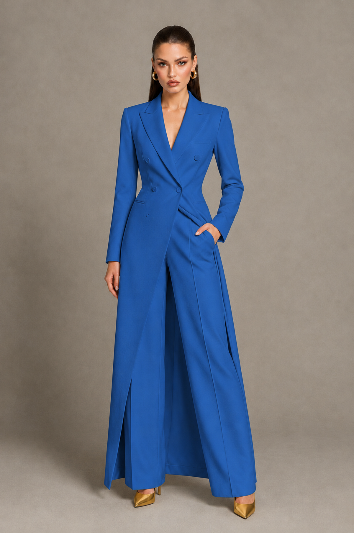 BOLODOO Blue Longline Blazer & Wide-Leg Pants Two-Piece Suit - Blue - Blue_01