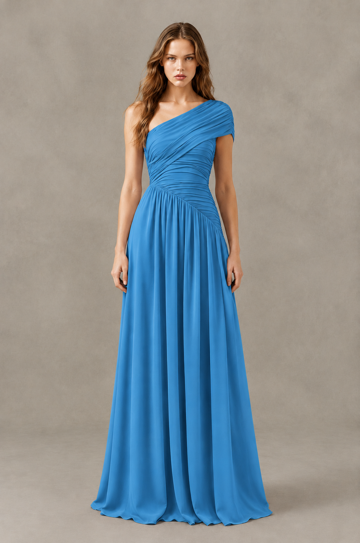 BOLODOO Blue One-Shoulder Ruched Floor-Length Bridesmaid Dress - Blue - Blue_01