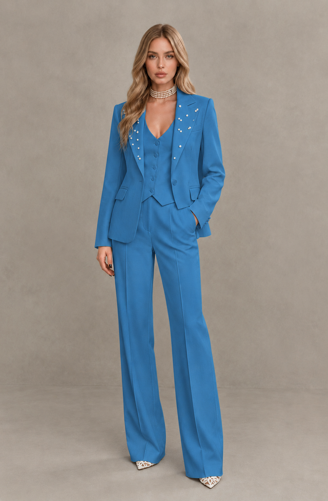 BOLODOO Blue Women's Three-Piece Pantsuit with Blazer & Vest - Blue - Blue_01