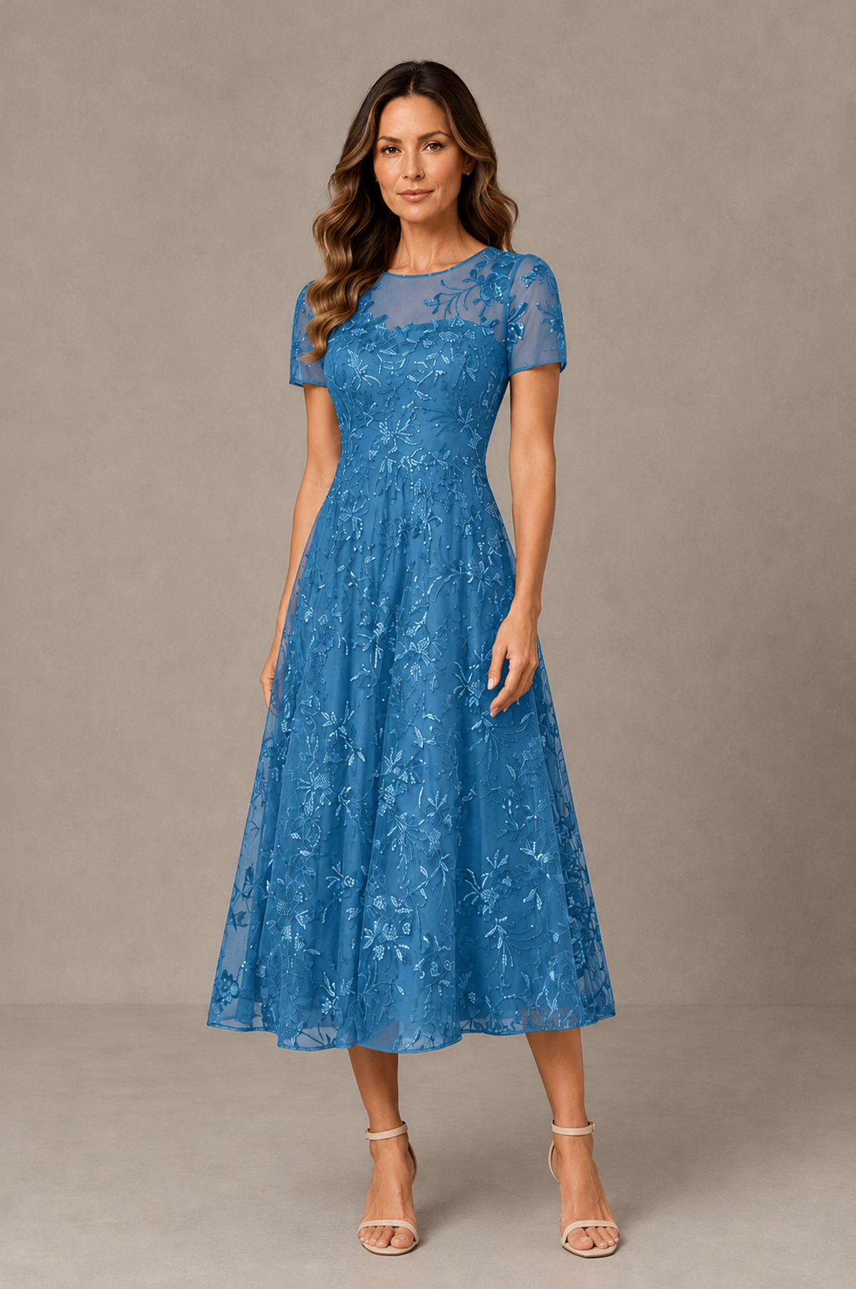 BOLODOO Blue Textured Floral A-Line Dress with Short Sleeves - Blue - Blue_01