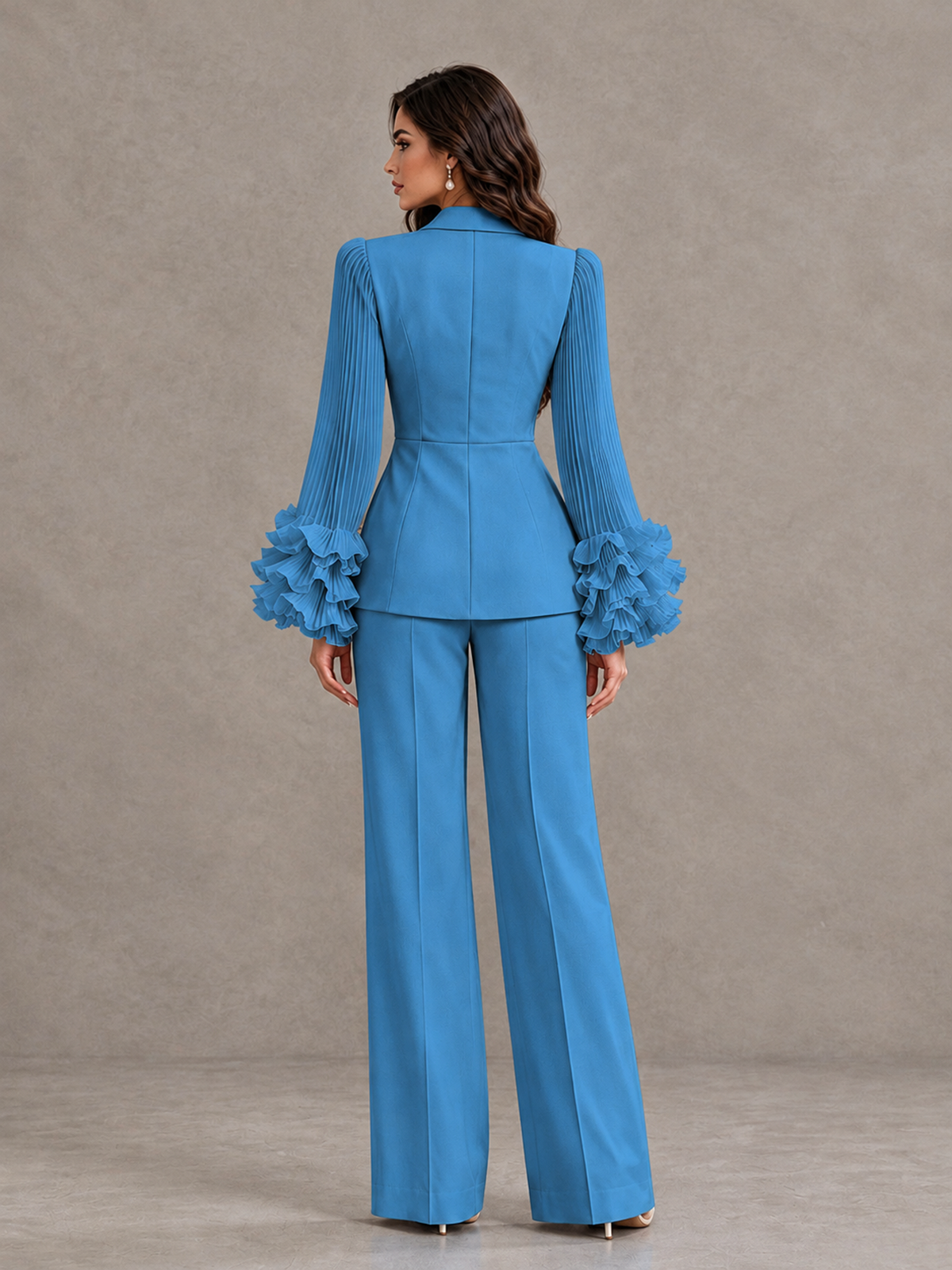 BOLODOO Blue Mother of the Bride Pant Suit – Pleated Long Sleeve Ruffle Cuff Wide Leg Trouser Suit - Blue - Blue_02