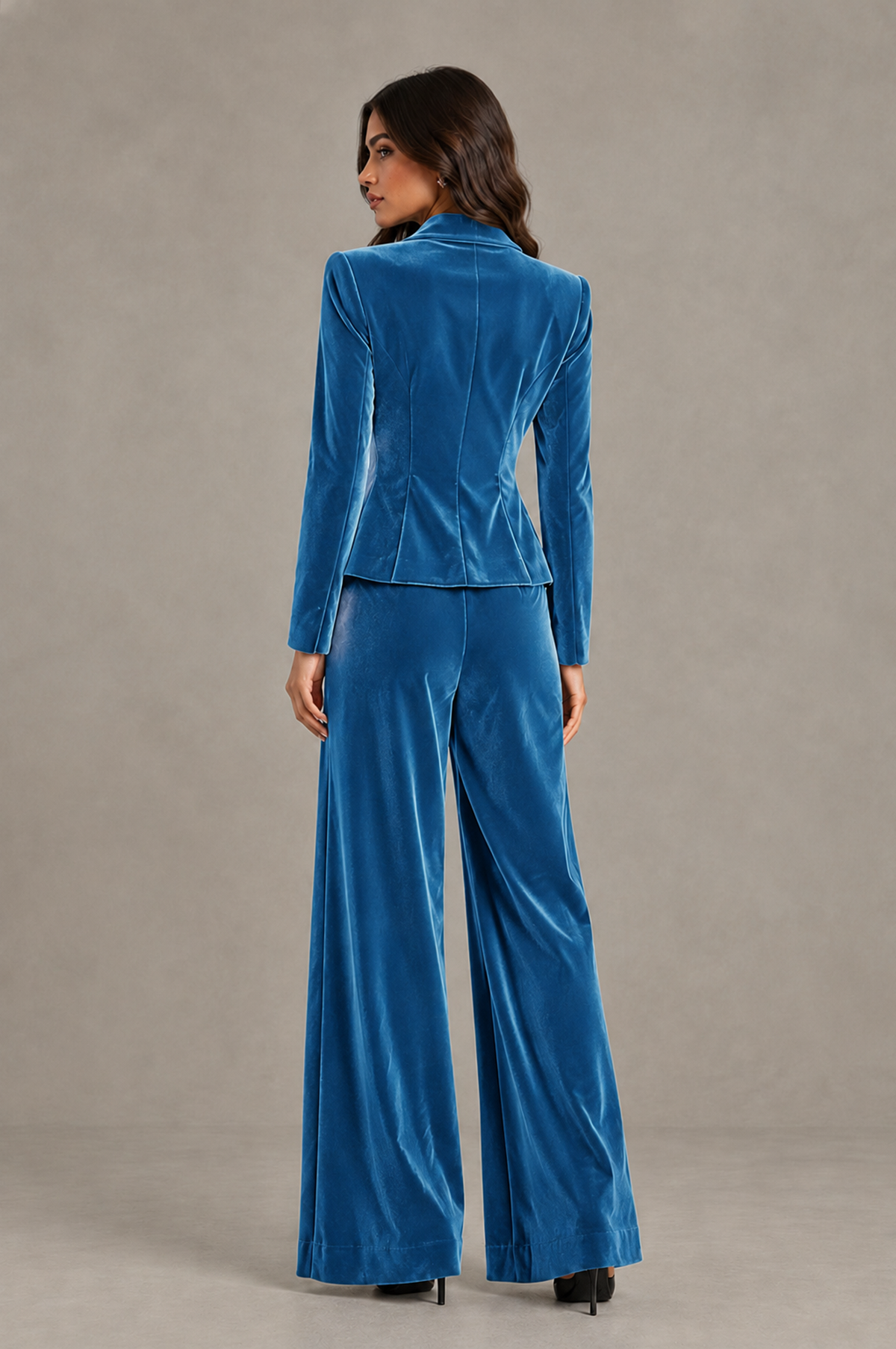 BOLODOO Blue Velvet Two-Piece Pantsuit with Long Sleeve Blazer & Wide-Leg Trousers - Blue - Blue_02